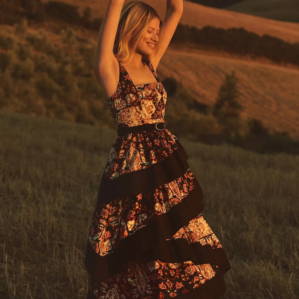 By Anthropologie Square-Neck Tiered Midi Dress NWT